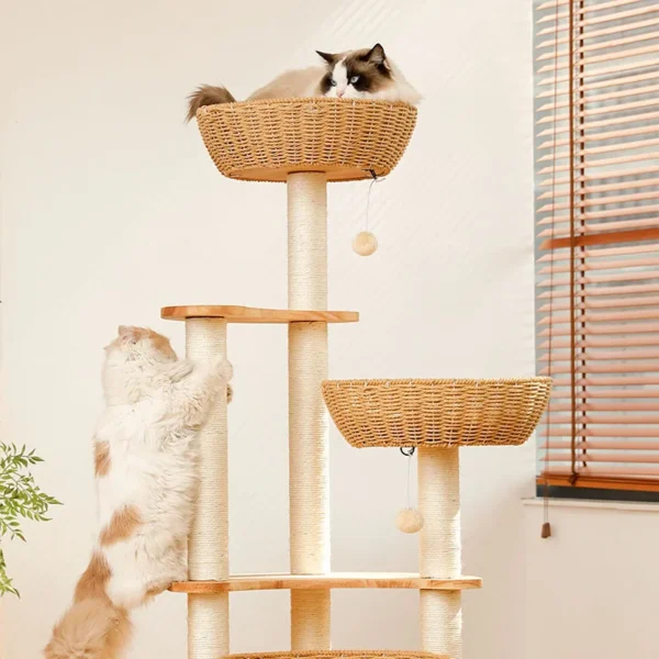 Cat Trees: Wooden Climbing Tower with Hammock - Image 4