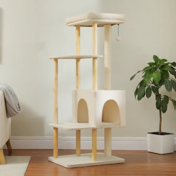 Cat Trees, 53-Inch Wooden Tower with Scratching Posts - Image 2