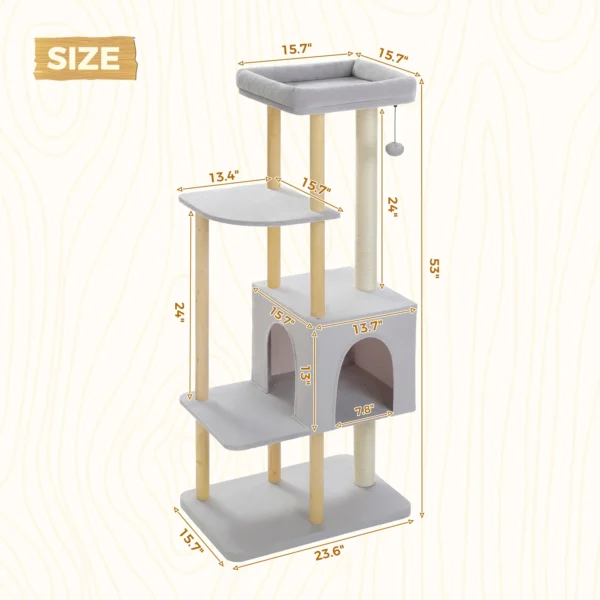 Cat Trees, 53-Inch Wooden Tower with Scratching Posts - Image 3