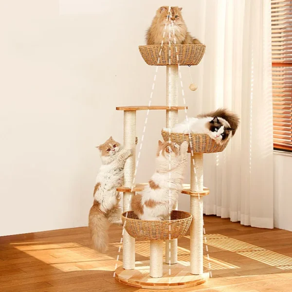 Cat Trees: Wooden Climbing Tower with Hammock - Image 3