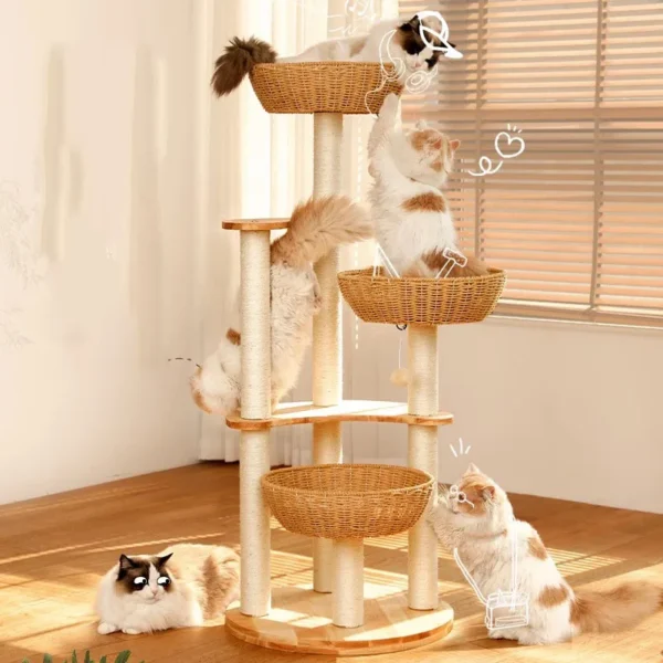 Cat Trees: Wooden Climbing Tower with Hammock