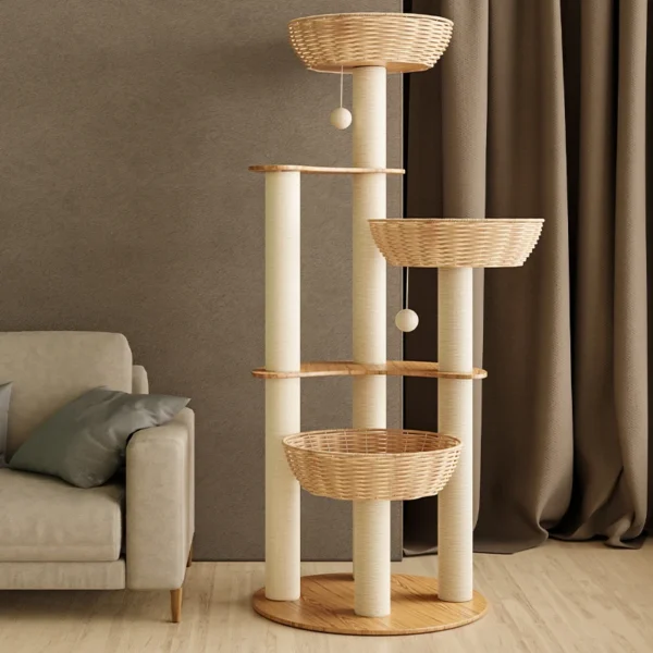 Cat Trees: Wooden Climbing Tower with Hammock - Image 2