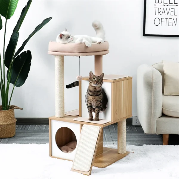 Cat Trees: Wooden Tower with Condos & Hammock - Image 5