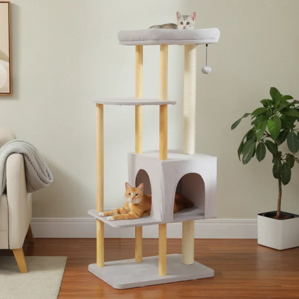 Cat Trees, 53-Inch Wooden Tower with Scratching Posts