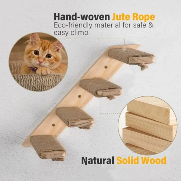 2-4 Tiers Cat Climbing Ladder, Solid Wood Sisal Wall Mounted Activity Toy