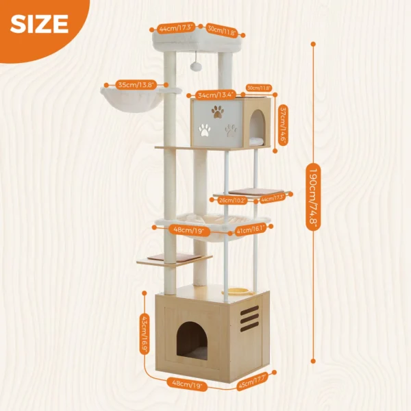 Cat Trees: 190cm Wooden Tower with Hammocks - Image 4