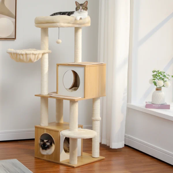 Cat Trees: Wooden Tower with Condos & Hammock