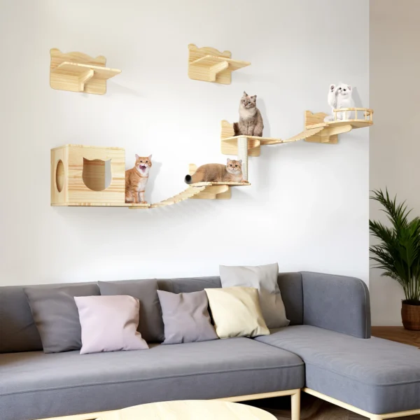 Cat Wall Shelves Set of 9 Wall-Mounted Wooden Cat Climber Cat Bridge Cat Condo - Image 5