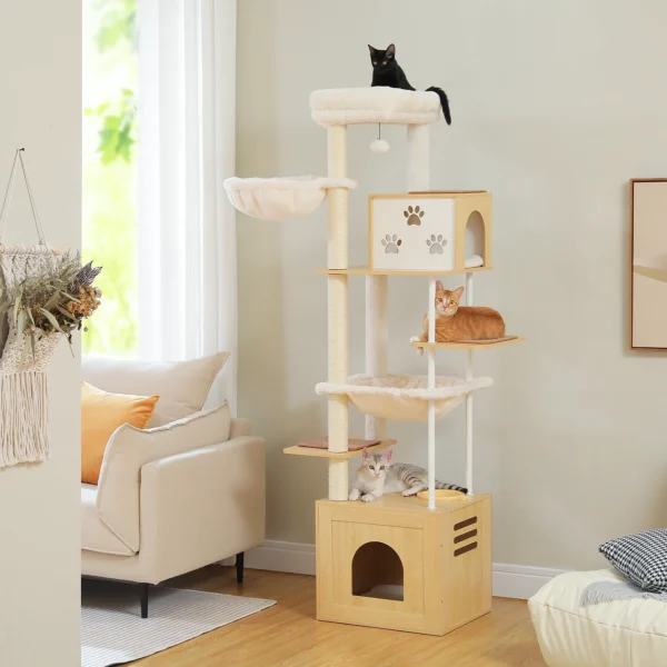 Cat Trees: 190cm Wooden Tower with Hammocks - Image 2