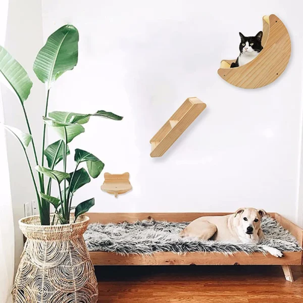 Cat Wall Hammock Moon Shelf Ladder Steps Solid Wood Climbing Furniture - Image 3