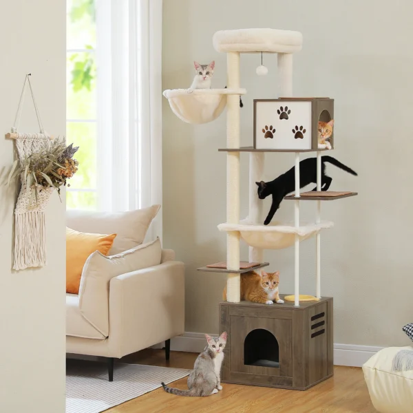 Cat Trees: 190cm Wooden Tower with Hammocks
