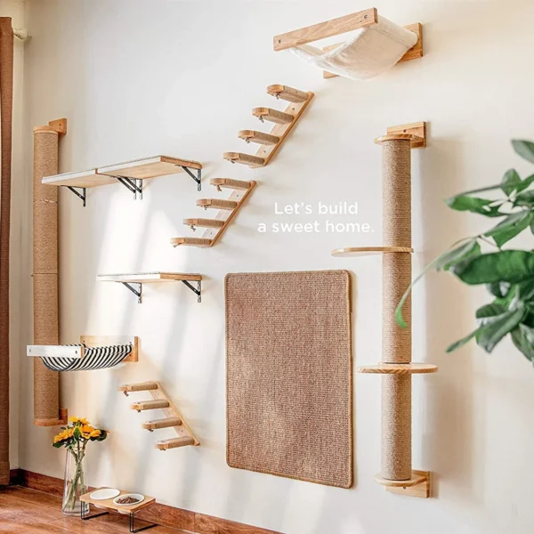Cat Climbing Wall Shelves Hammock Steps Platform Wooden Sleeping Jumping