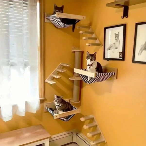 2-4 Tiers Cat Climbing Ladder, Solid Wood Sisal Wall Mounted Activity Toy - Image 2
