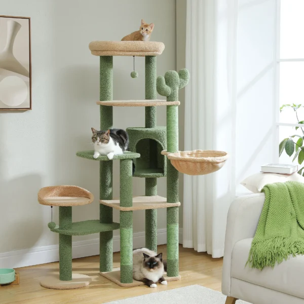 Cat Trees: Tall Multi-Level Tower with Hammock