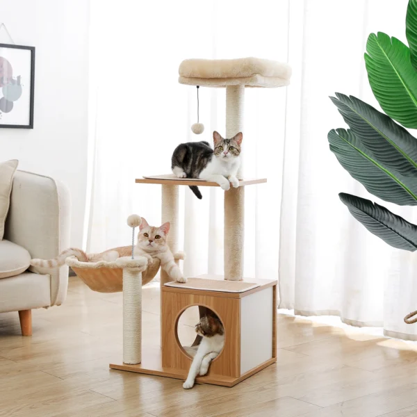 Cat Trees H120CM Wooden Multi-Level Scratcher - Image 4